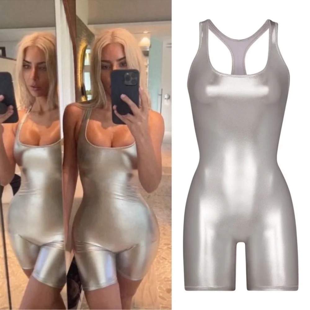 Skims Nickel Metallic Swim Cycle Suit Women Small one piece Silver suit B13